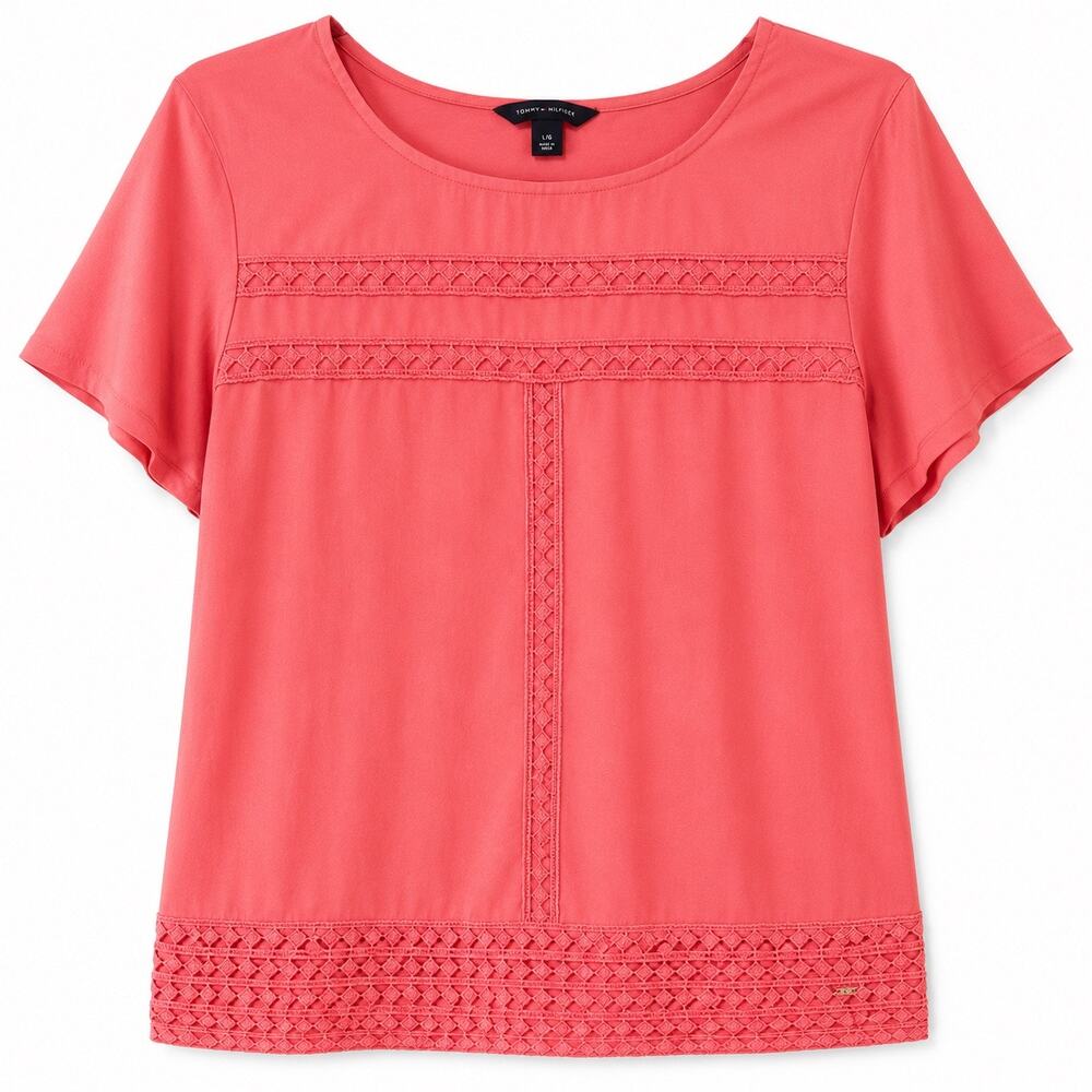 Tommy Hilfiger Coral Lace Trim Top Womens Large Coastal Preppy Boho Boxy